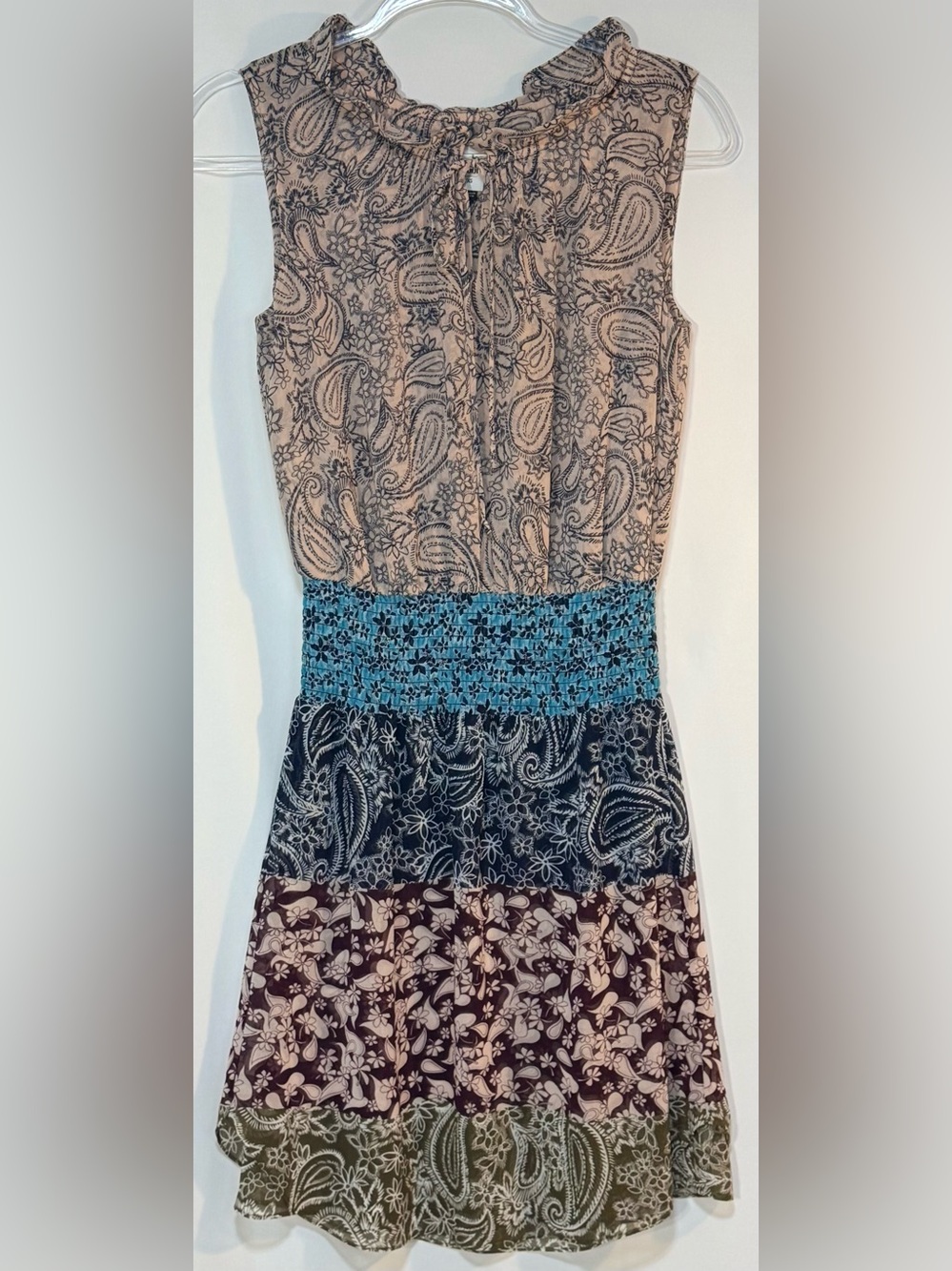CAbi Dani Paisley Floral Patchwork Smocked Tiered Dress XS